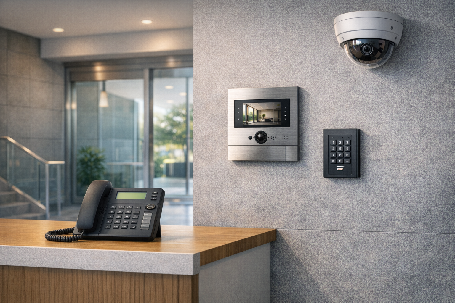 Integrated building systems with phone, intercom, access keypad, and security camera in a bright commercial entry area.
