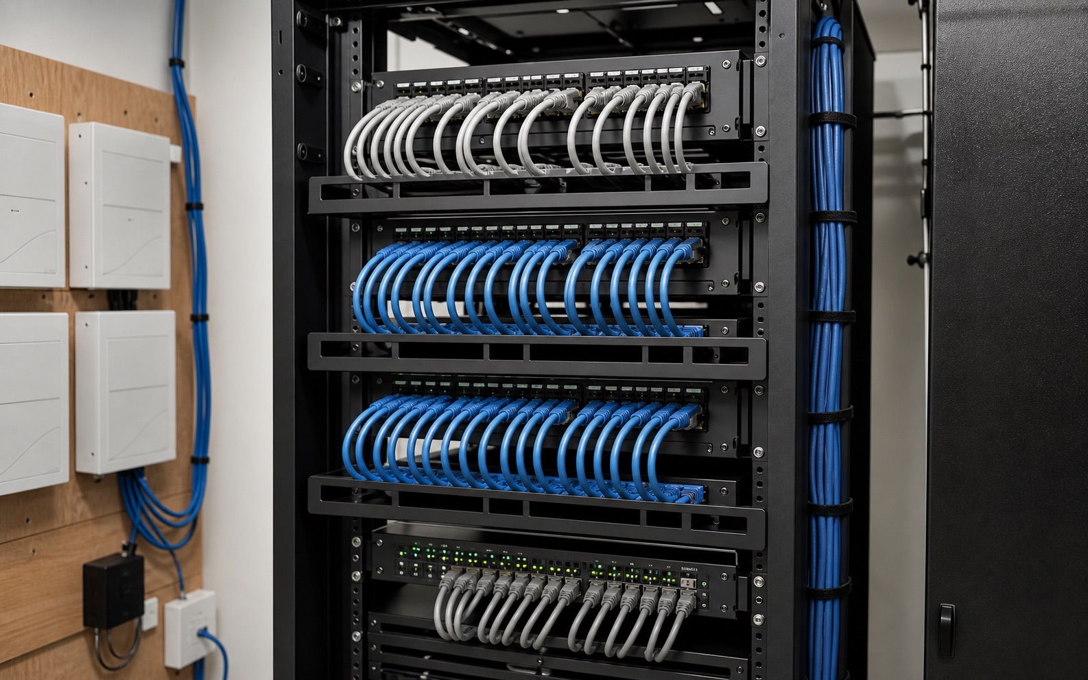 Clean structured cabling rack with neatly managed patch cables.
