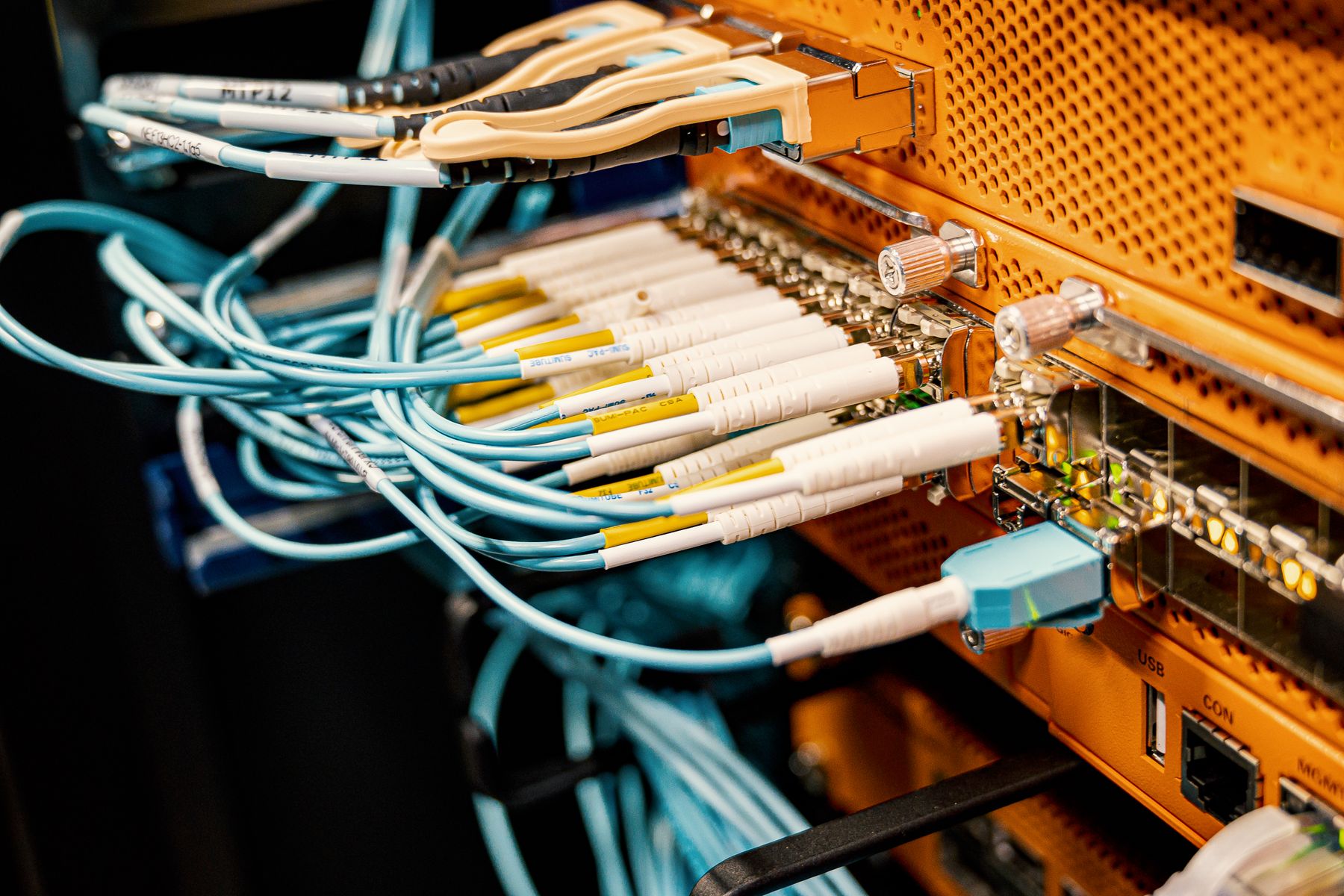 Structured network cabling connected to equipment in a communications rack.