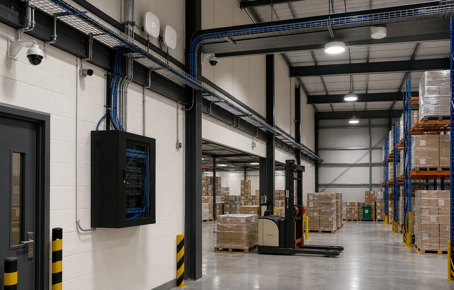 Active warehouse with structured cabling, Wi-Fi access points, CCTV cameras, and network equipment.