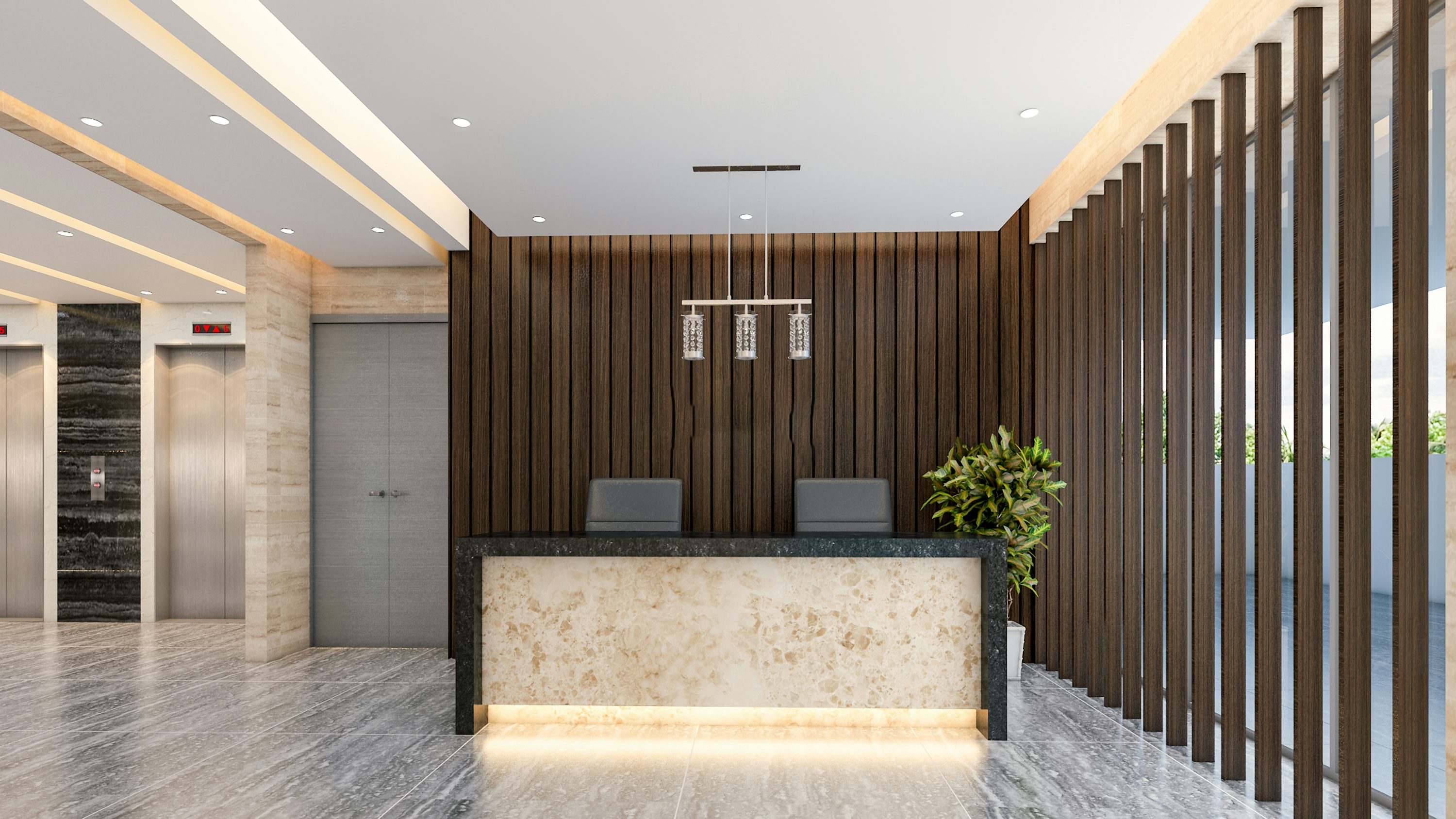 Modern commercial building lobby and reception area.