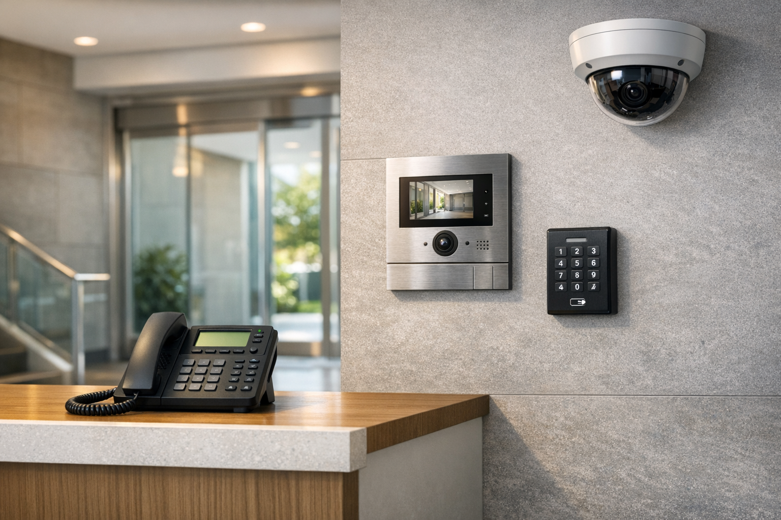 Coordinated commercial systems including phone, camera, intercom, and access hardware in a clean building environment.